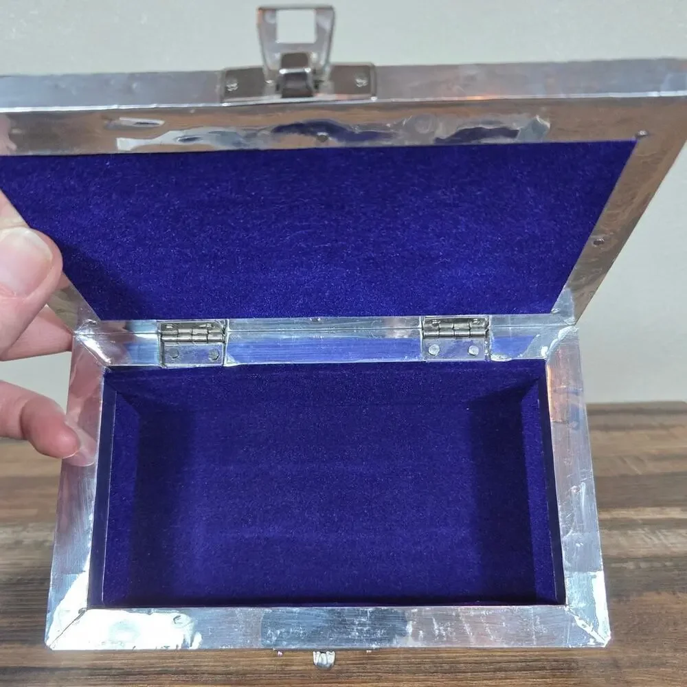 Silver Plated Butterfly Floral Design Jewelry Box with Purple Velvet Lining